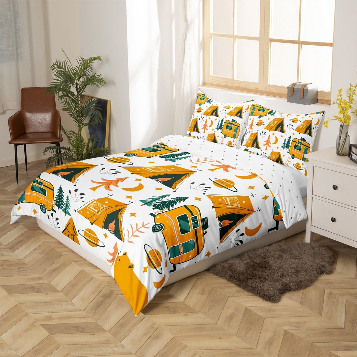 Homewish RV Camper King poszewka na kołdrę, namiot kempingowy, zestaw pościeli do przyczepy podróżnej, zestaw pościeli z niedźwiedziem leśnym dla dzieci, dziewcząt, chłopców, księżyc i gwiazdy