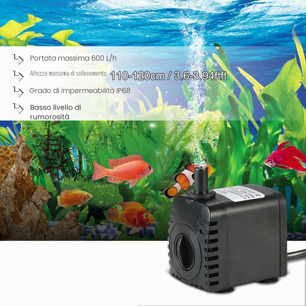 Decdeal Pompa acqua sommergibile, 600 l/h 8 W, pompa acqua acquario ultra silenziosa con 4 piedi di ventose per fontane pesce serbatoio idroponico Systems con 2 ugelli