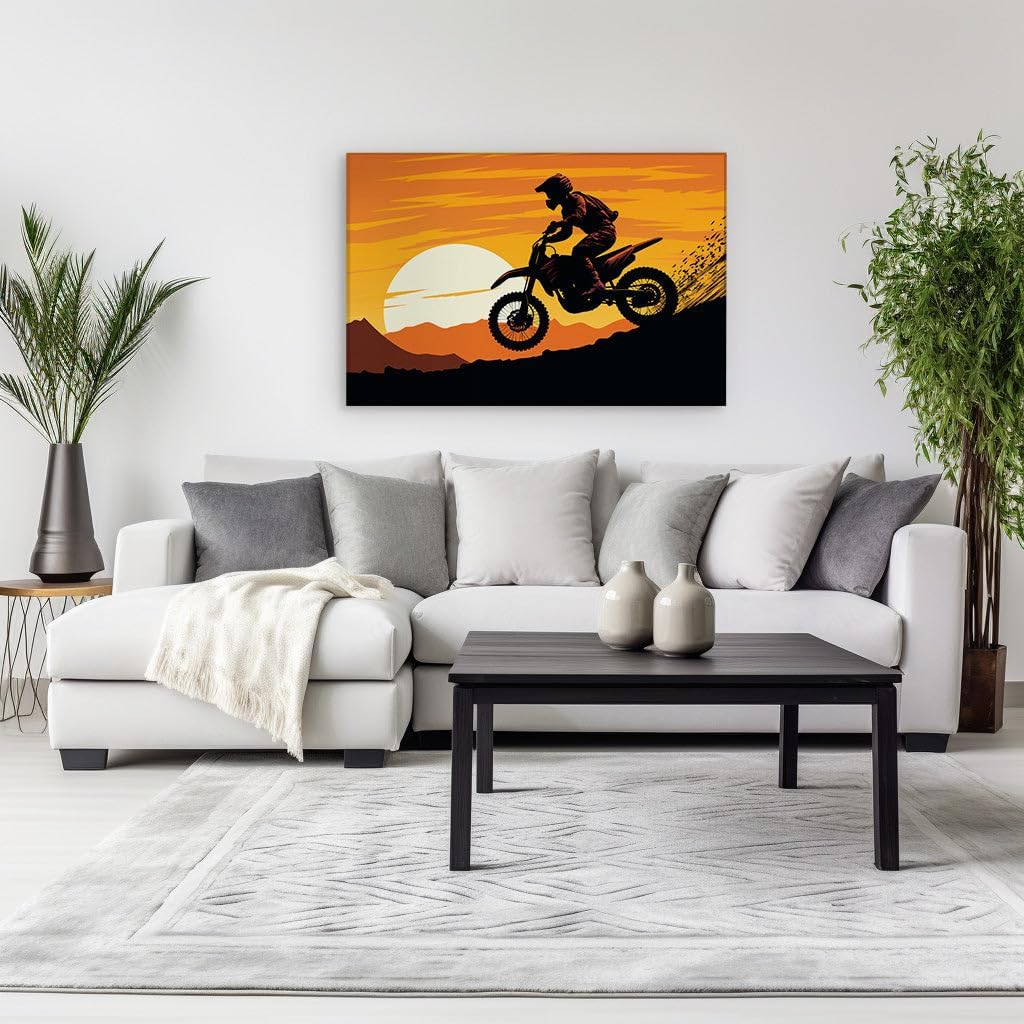Canvas for Living room. Desert Flight at Sunset - Mastering the Sky on a Motorcycle, 27 x 18 inch Canvas Wall Art - Surrealistic Visions - Retro Home Decor