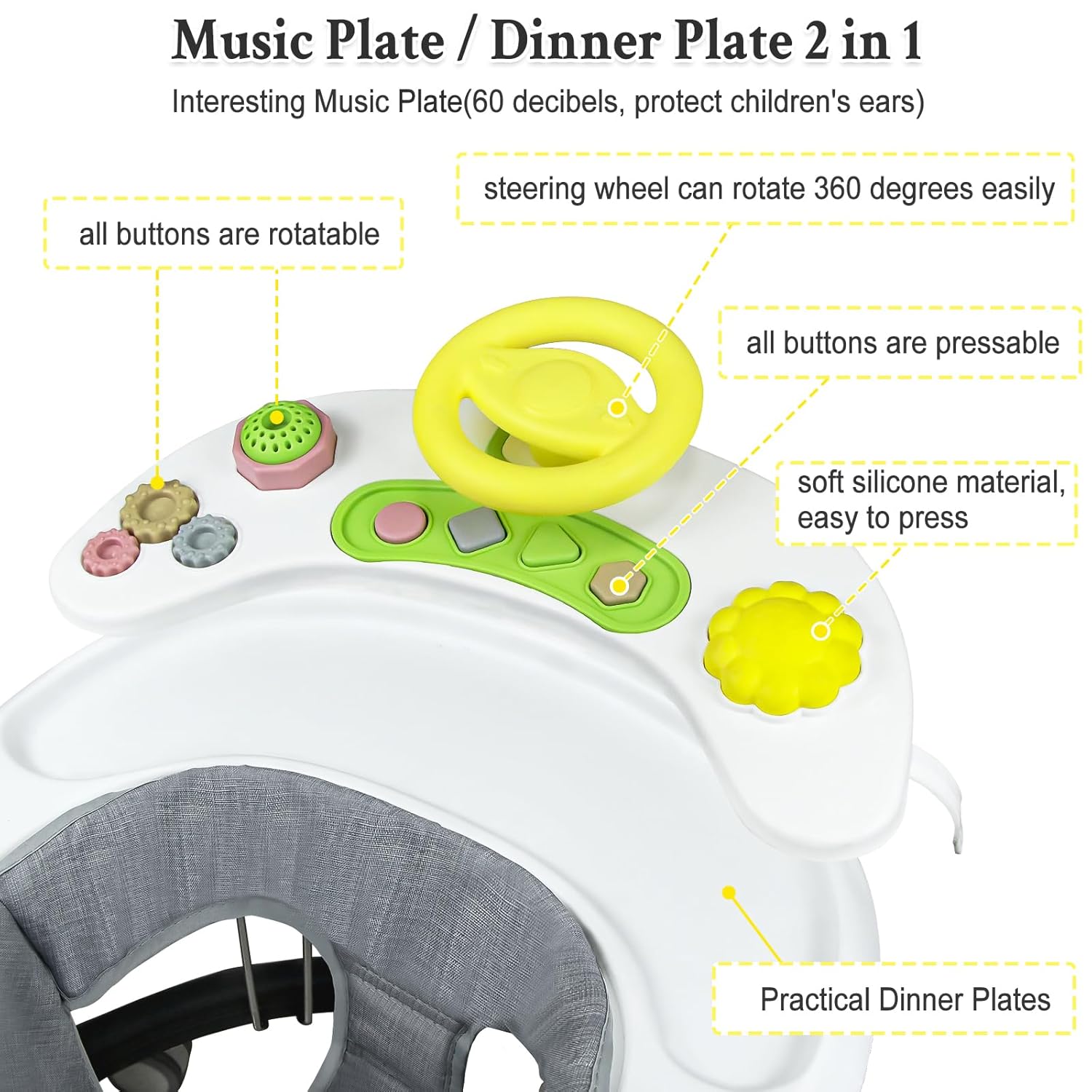 foldable baby walker for boys and girls, 5-in-1 baby walker with wheels, adjustable height toddler activity walker with music tray, detachable seat and mute anti-rollover baby walkers for 8-24 months
