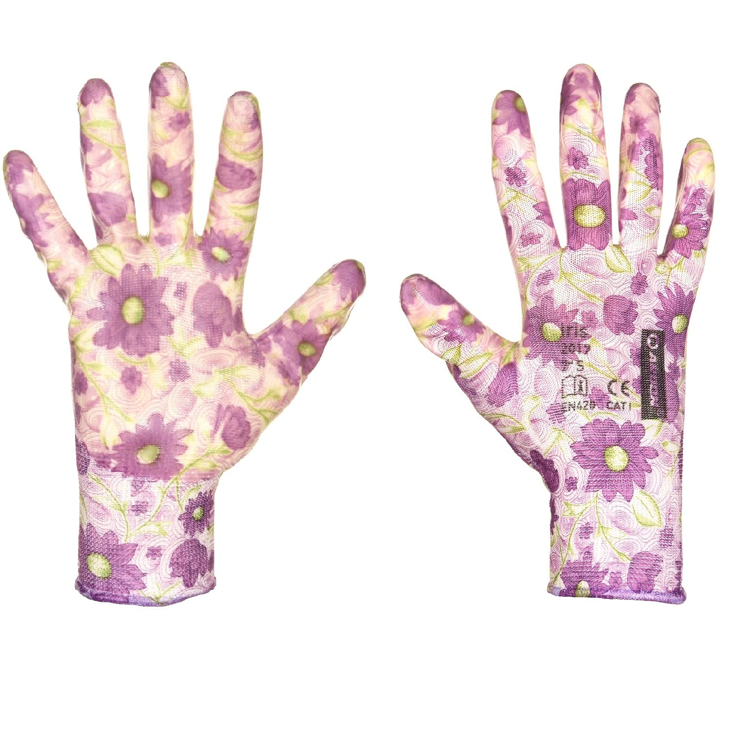 FLOWER Hermosos guantes de trabajo antideslizantes para mujeres, niñas, guantes de jardín, EN 420 Cat. I, guantes de montaje, Sin costuras, nitrilo (60 Pares, 7 S/M)