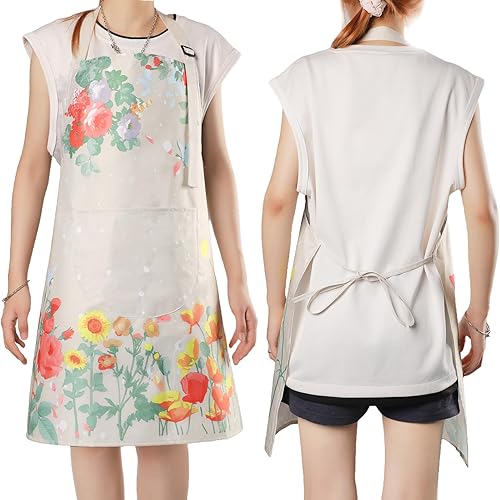 Miniatura 5 de Delantal para mujer con bolsillos, 2 delantales florales impermeables con correa ajustable para el cuello para cocinar, hornear, jardinería,