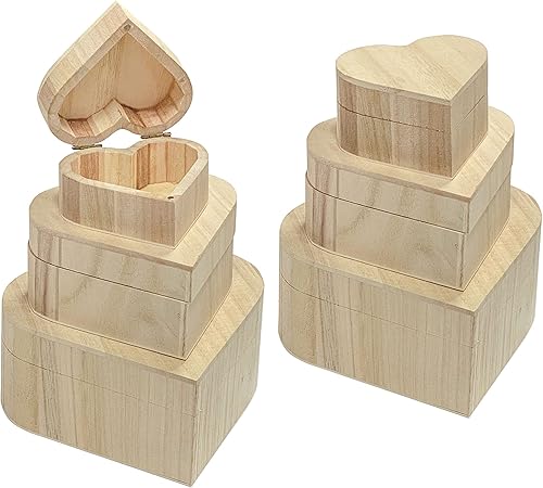 Paquete de 6 cajas de madera en forma de corazón, caja de joyería sin finshear, almacenamiento de recuerdos para manualidades (3 piezasjuego, 2
