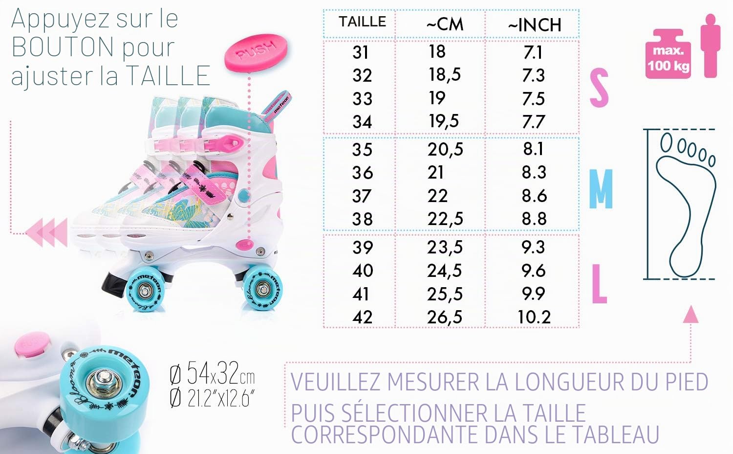 Patins à roulettes Roller Quad Enfant Haute Légère Confortable Roues Rapides (L (39-42), Eden)