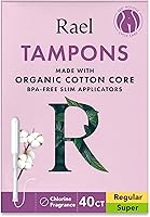Rael Organic Cotton Tampons with Slim BPA-Free Applicator, Leak Locker Tech, Regular & Super, Unscented, Chlorine-Free (40 Count Multipack)