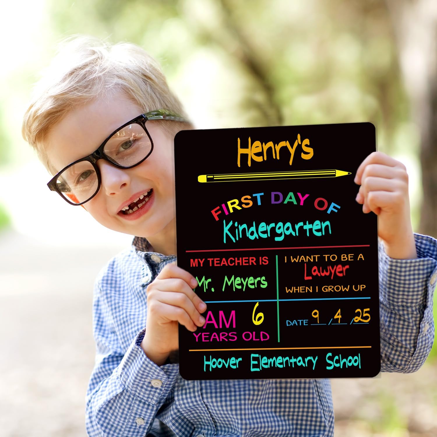 Reusable My First Day and Last of School Set Milestone Chalkboard Sign. Photo Prop Board for Kids, Black w/Color Print - 12” x 10” Rectangle