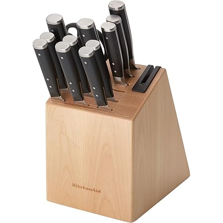 KitchenAid Gourmet 14 Piece Forged Triple Rivet Knife Block Set with Built in Knife Sharpener, High Carbon Japanese Stainless Steel Kitchen Knives, Sharp Kitchen Knife Set with Block, Birchwood