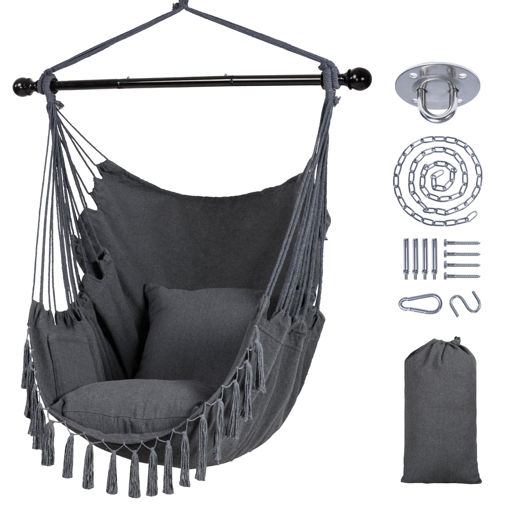 SUNCREAT Hammock Chairs Hammock Chair Swing with Steel Support Bar, Side Pocket, Large Swing Chair for Bedroom, Patio, Garden, Dark Gray