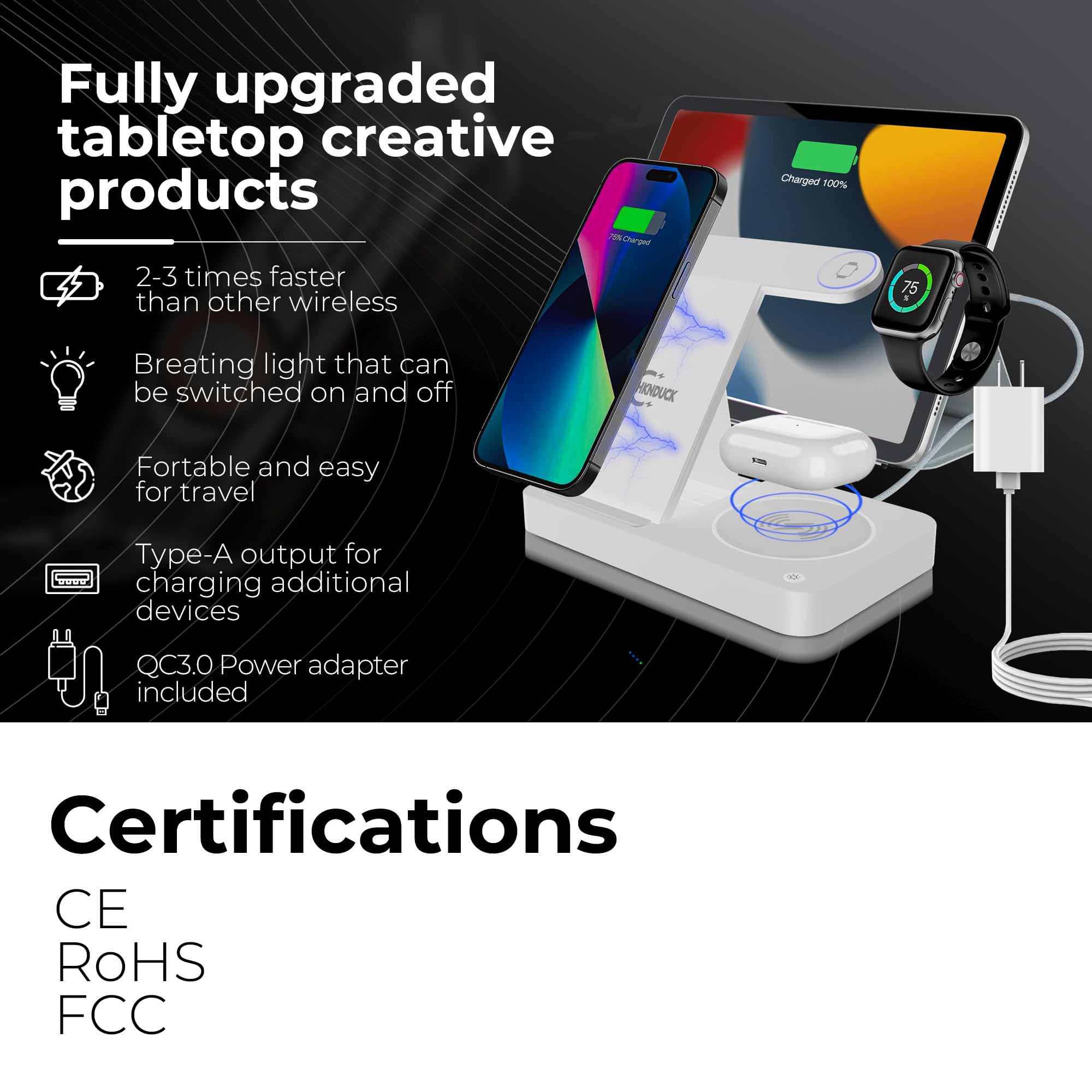 4 in 1 Wireless Charging Station - Fast Charging Station for Apple Devices -iPhone Charger for iPhones 15/14/13/12/11-Apple Watch Charger - Airpods Charger - Wireless Charger - Foldable Charger- Cream