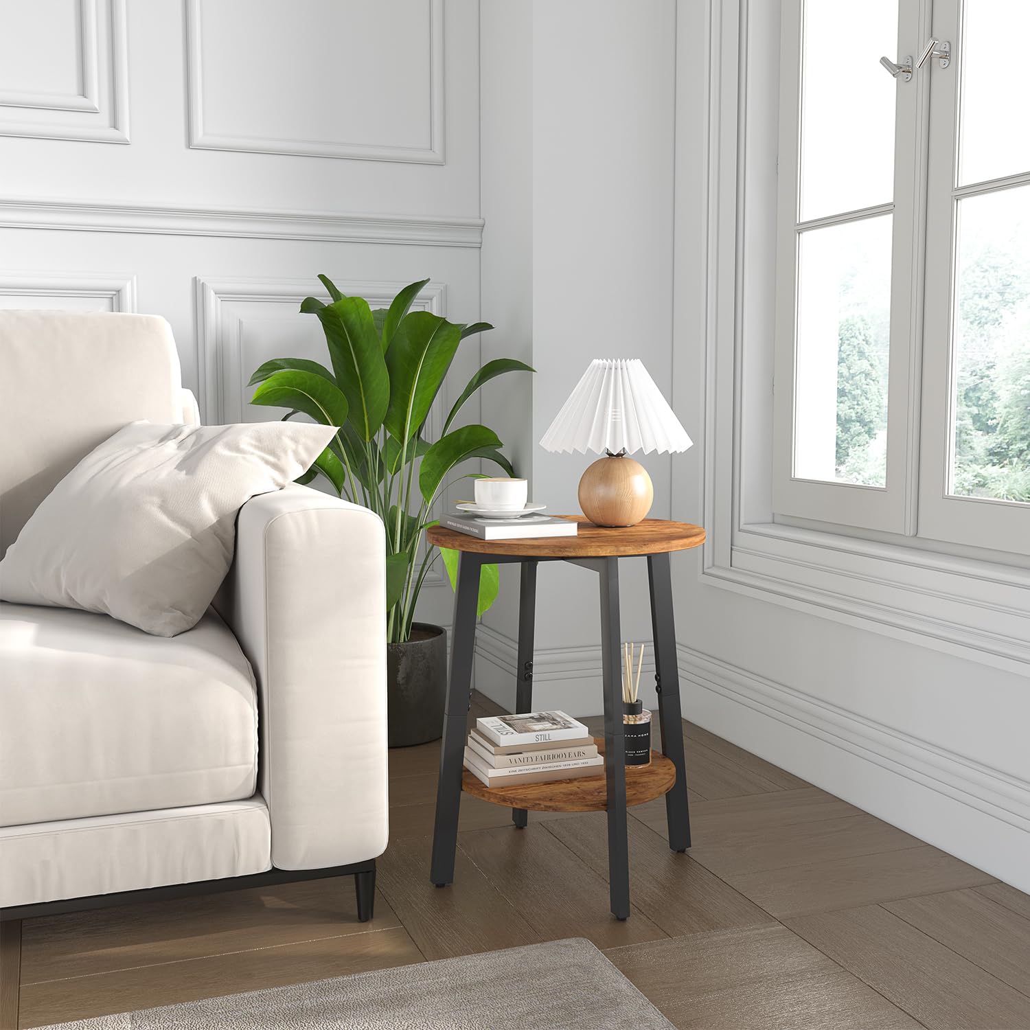 side table, small round end table with storage shelf for small space, 2-tier bedside table sofa couch table, round accent table nighstands for living room, bedroom, rustic brown