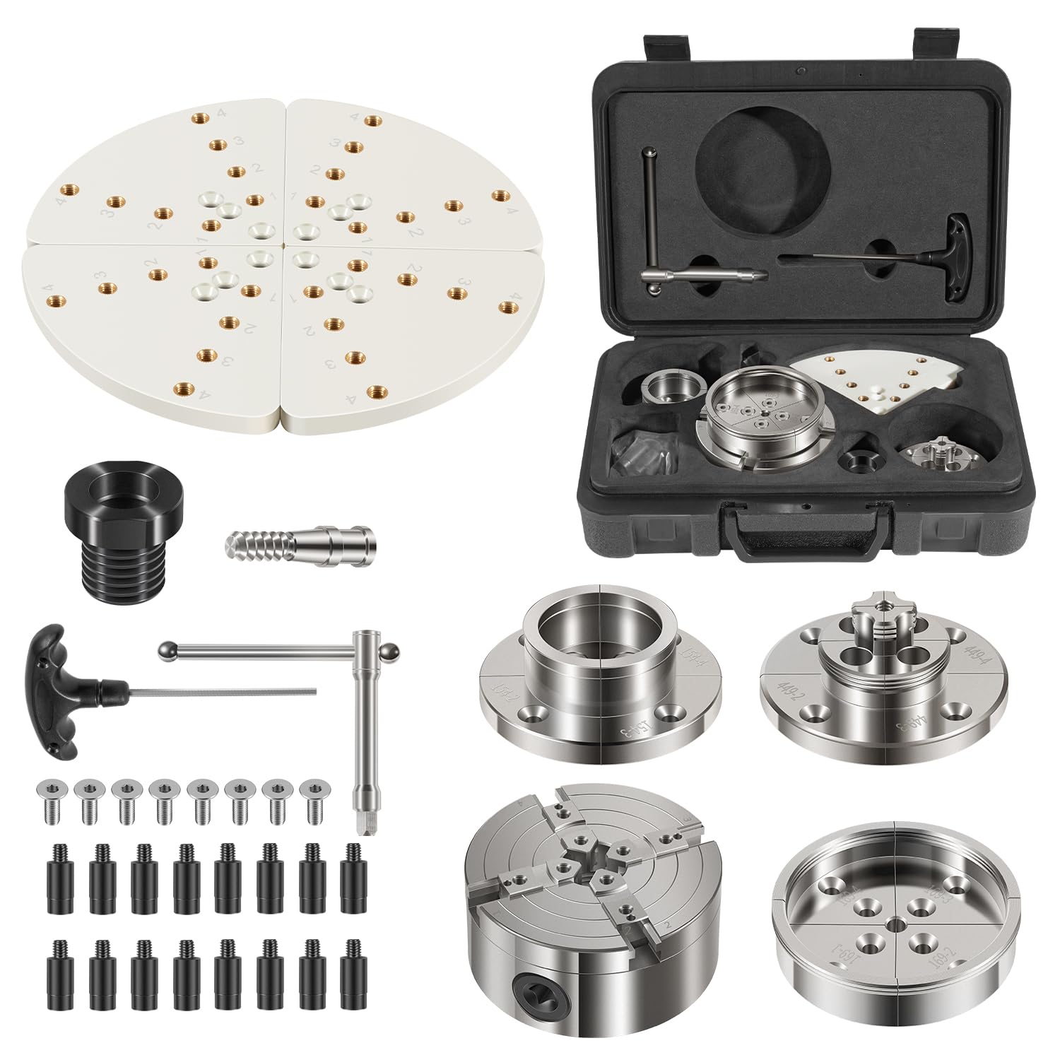 4 Inch Wood Lathe Chuck Set 1" x 8 tpi, Self Centering 4 Jaw Wood Turning Chuck set with 3 frequently used types of Jaws