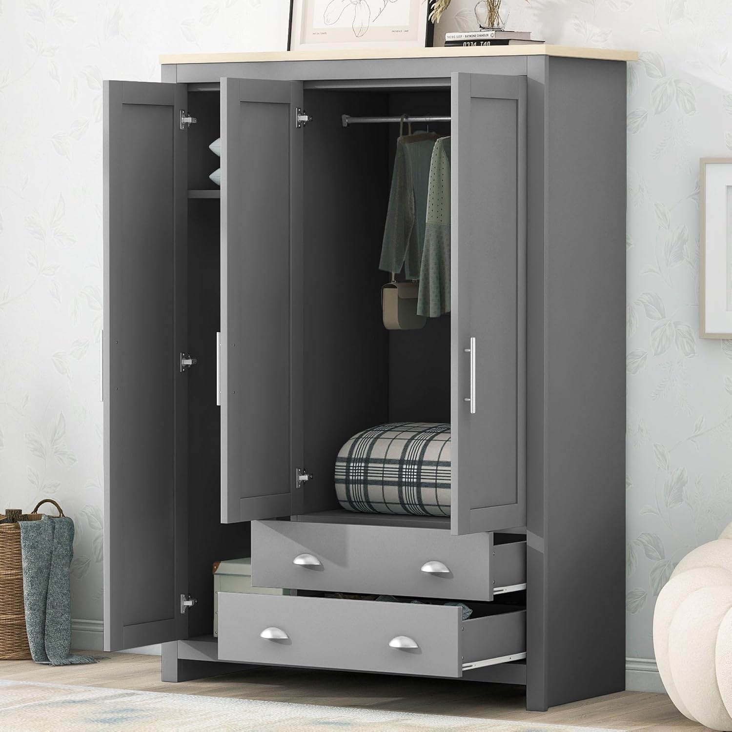 XDOUT Armoire Wardrobe 3 Doors and 2 Drawers, Clothes Cabinet with Hanging Rod, Freestanding Wooden Closets Organization for Bedroom, 47.2?x20?x67.9?, Gray