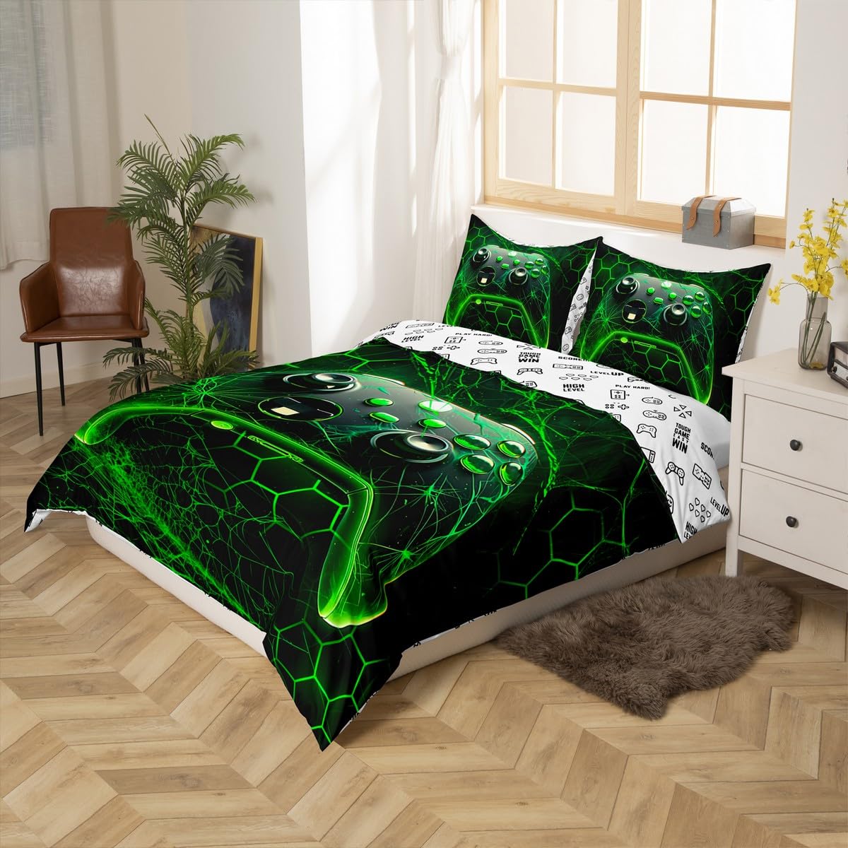 Loussiesd Gamer Duvet Cover Gaming Bedding Set for Kids Boys Girls Teens Room Decor Game Room Decor Comforter Cover Set Single Size Spider Web Gamepad Green Black Bedspread Cover 2Pcs Zipper - Image 3