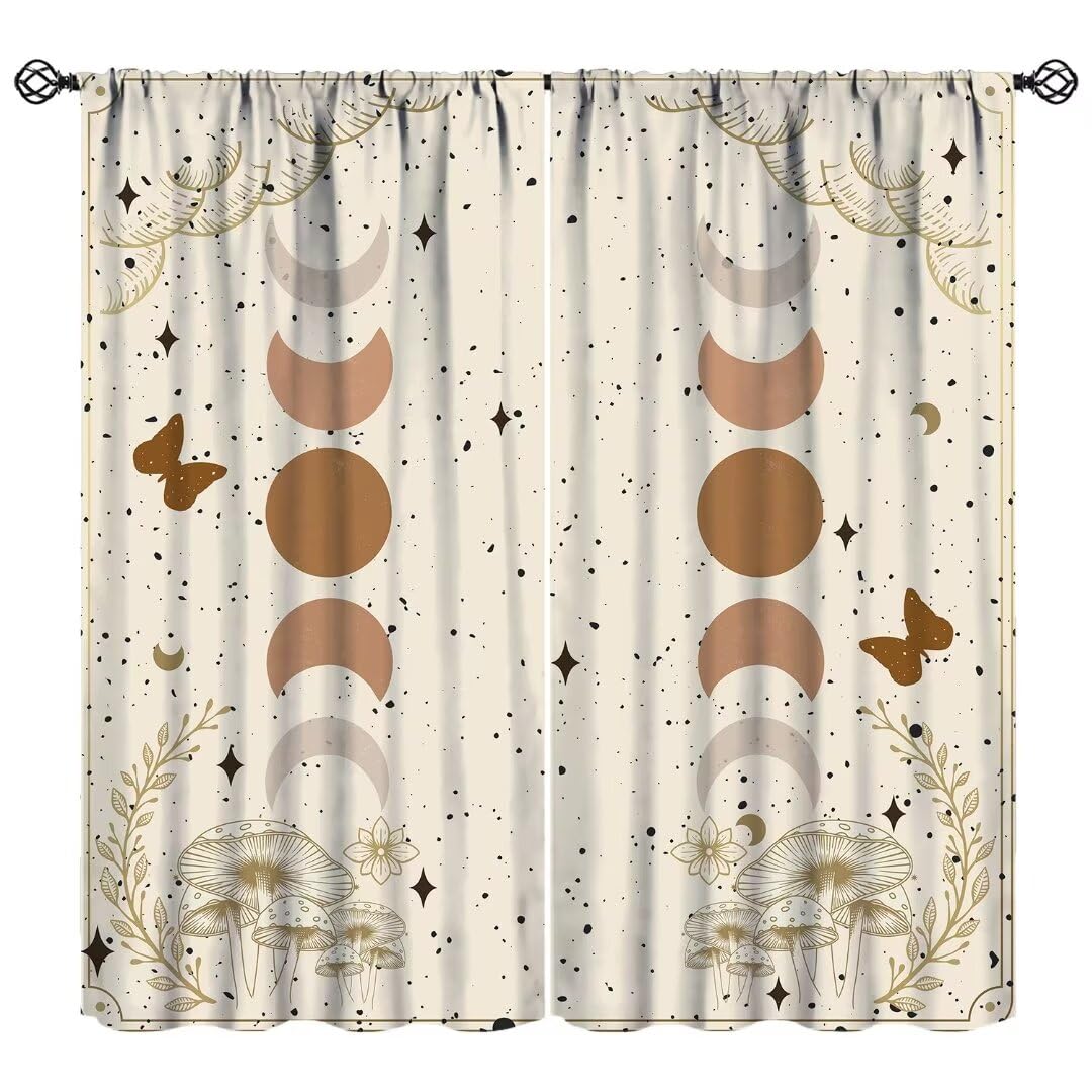 JanJCurt Boho Moon Curtains, Vintage Style Mysticism Moon Phase Nature Floral Plant Mushroom Butterfly Stars Print Blackout Window Curtains for Boys