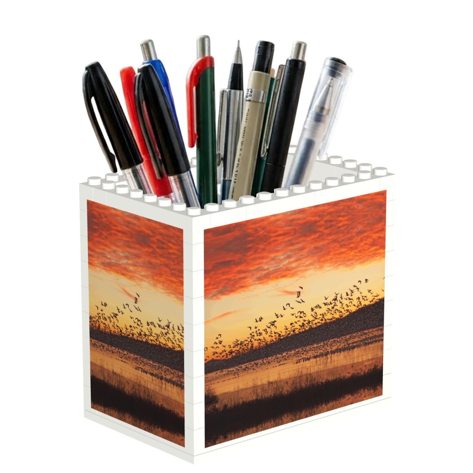 SATUSA Birds At Sunset Print Building Block Texture Pen Holder - Pencil Holder For Desk Pen Organizer,Aesthetic Desk Accessories For Women(1pcs)