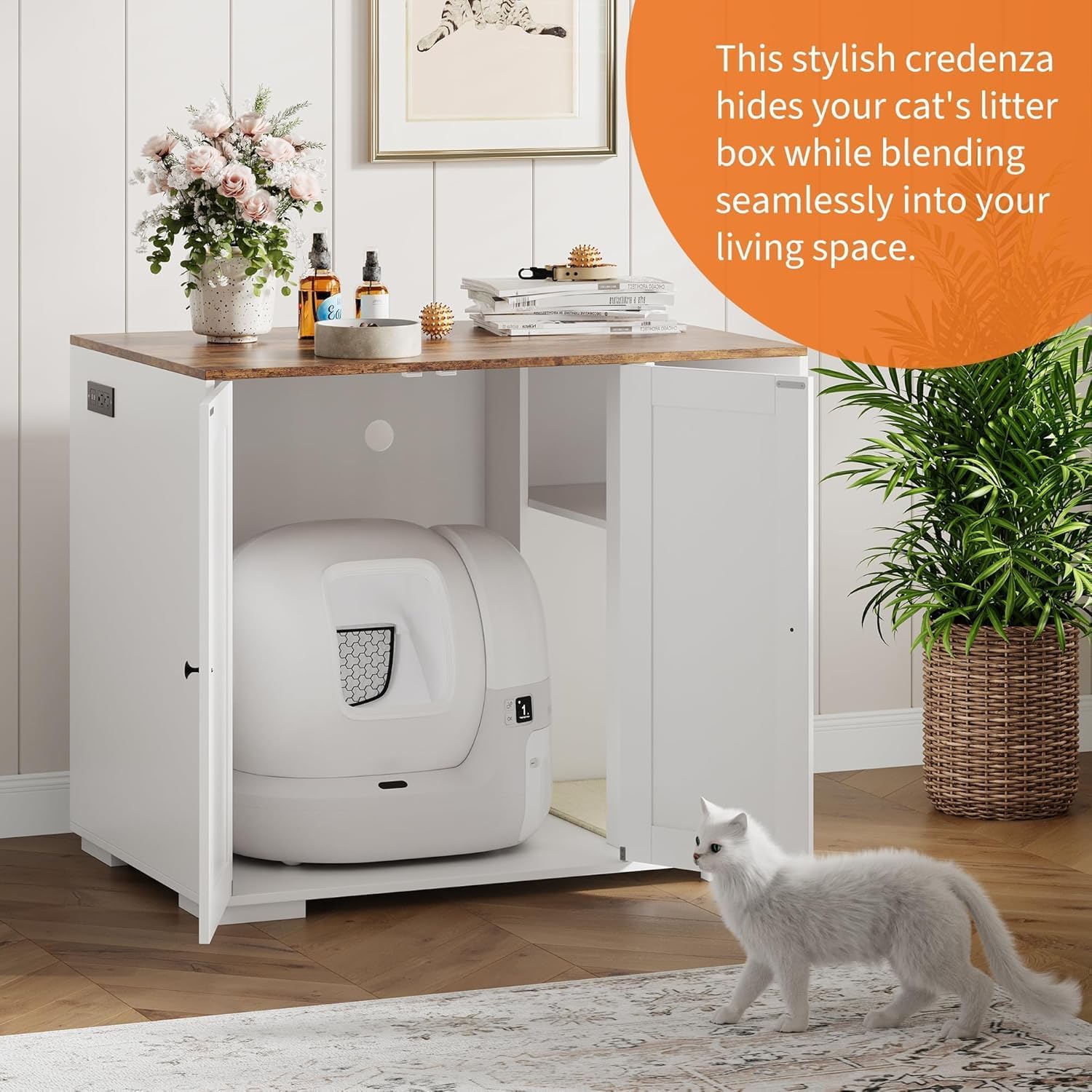 Litter Box Enclosure Cabinet, Built-in Power Outlet & 5 Ft Cord, Cat Litter Furniture with Dog-Proof Shelf and Mat, Fits Most Self-Cleaning Litter Boxes, White