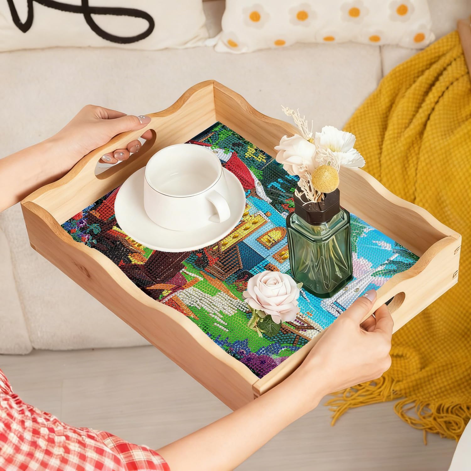 EWJRNSF 5D Diamond Painting Landscape Diamond Art Kits for Adults Wooden Serving Trays with Handles Big Gem Arts and Craft Gifts Trays Decor Gift Home Decor 12.2x16.1 Inches Scenery