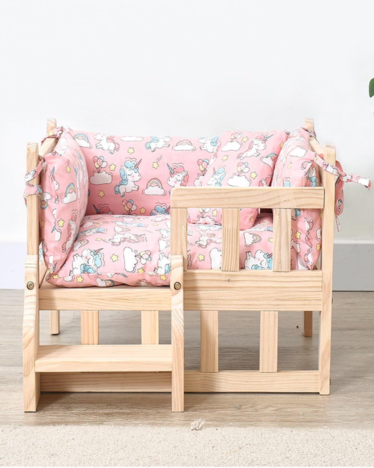 TUJOBA Dog Bed Elevated Solid Wood Pet Bed with Steps & Railing, All Natural Removable Dog Cot Furniture Easy to Clean, Off Ground Cat Sofa Gear Waterproof (Color : 2-with Bedding, Size : M)