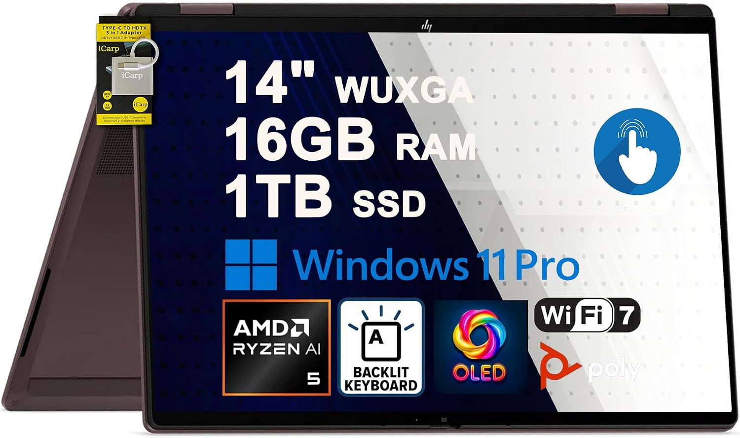 HP OmniBook X Flip 2-in-1 Laptop 14" WUXGA OLED Touch (100% DCI-P3) AMD Ryzen AI 5 430 Up to 50 Tops 16GB RAM 1TB SSD Backlit for Creator Designer Business Professional Win11Pro ICP Hub