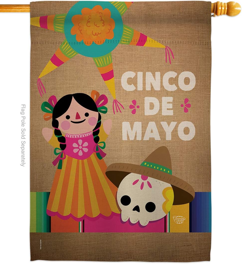 Cinco de Mayo Day House Flag Dowel Set Summertime Party Cactus Pinata Sombrero Mexican Fiesta Outdoor Small Decorative Gift Yard Banner Made In USA 28 X 40