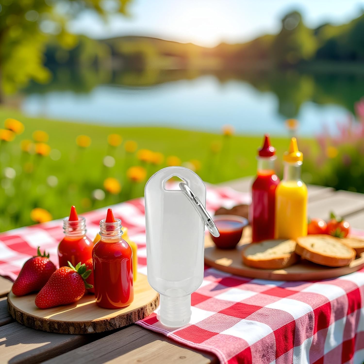 3Pcs Transparent Portable Mini Ketchup Containers - Refillable Travel Size Hot Sauce Keychain, 2oz/50ml Bottles