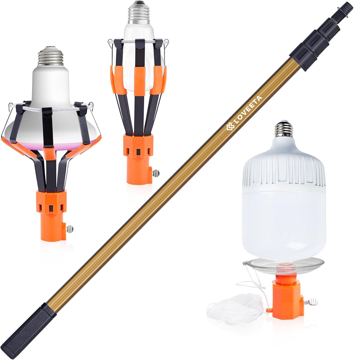 LOVEETA® Gen2 12Ft [18Ft Reach] Lightweight Extendable Light Bulb Changer Pole for High Ceilings – Telescopic Light Bulb Pole Changer with Bulb Gripper - Champagne Gold