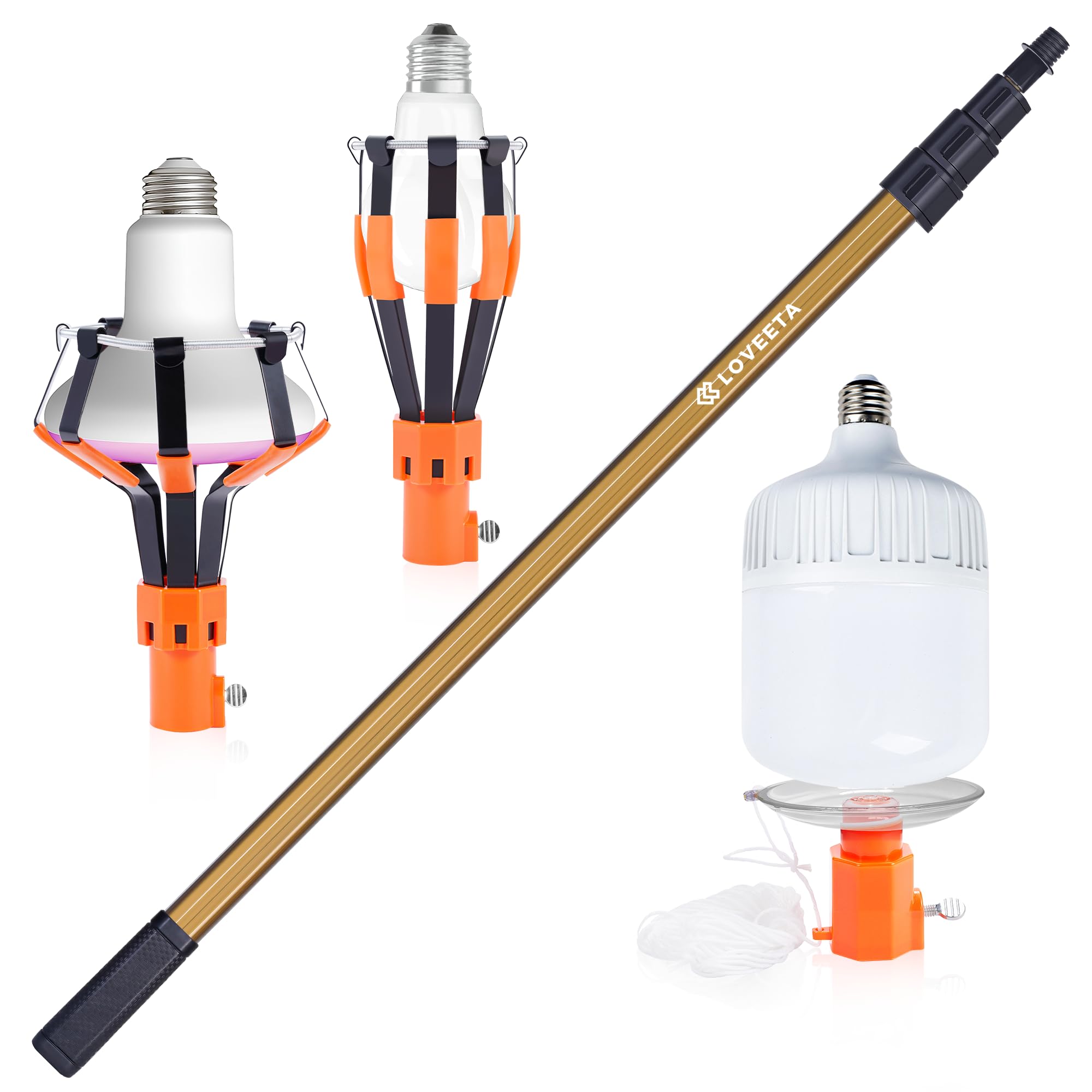 LOVEETA® Gen2 12Ft [18Ft Reach] Lightweight Extendable Light Bulb Changer Pole for High Ceilings – Telescopic Light Bulb Pole Changer with Bulb Gripper - Champagne Gold