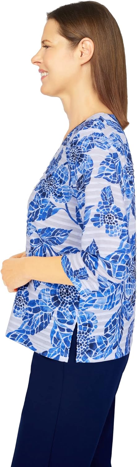 Alfred Dunner Women's Petite Mosaic Floral Ruffle Knit Top