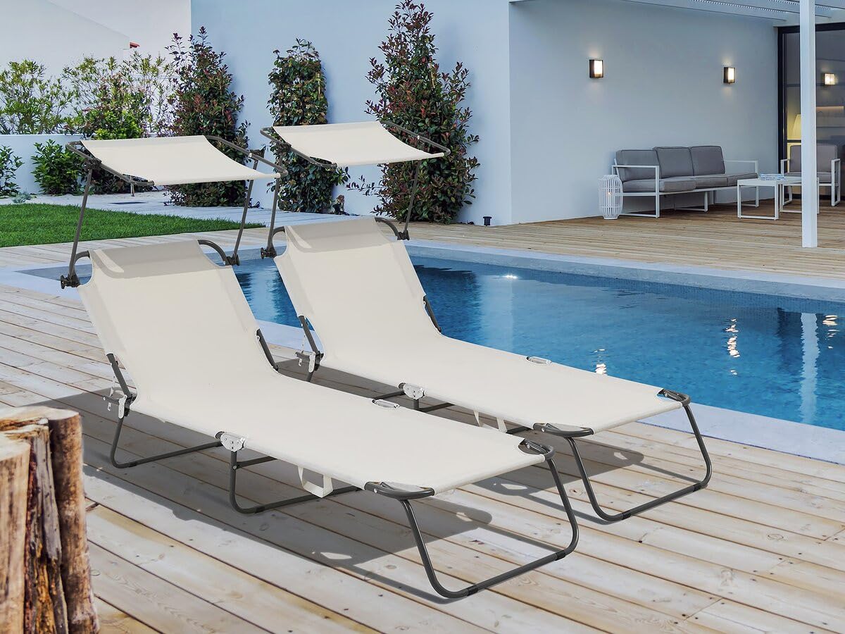 Conjunto de 2 tumbonas plegables Lazy - Con sombrilla - Beige