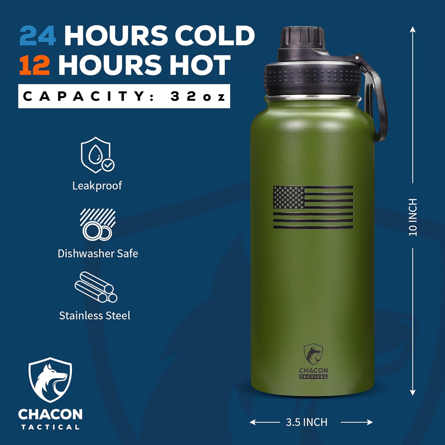 Insulated Water Bottle, Army Green, Stainless Steel, 32 oz, Black American Flag Design, Wide Mouth