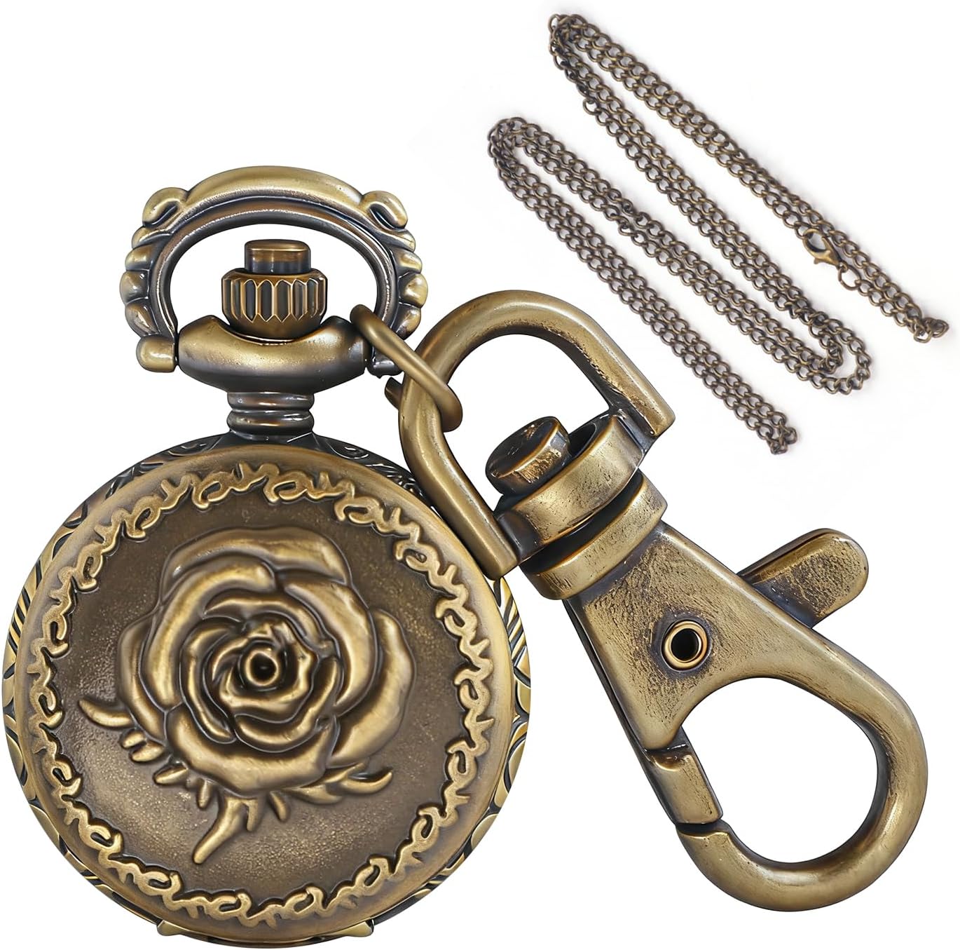 Tiong Vintage Mini Bronze Engraved Pattern Quartz Pocket Watch - Small Size with Keychain & Necklace Chain, Retro Pendant Watch Accessory Gift for Men Women