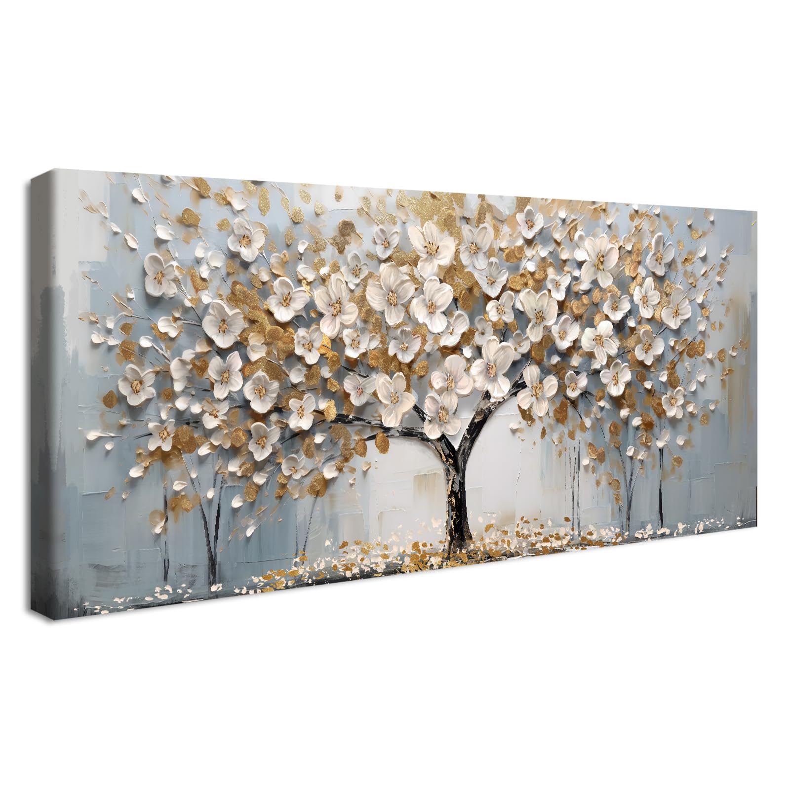 Marco de madera Grandes Cuadros Decoracion Salon Modernos Flores Blancas Árbol Lienzo Decorativo Abstracto Blossom Árbol de la Vida Floral Pintura Imagen Cuadros Decorativos Salon Dormitorio 50x120cm