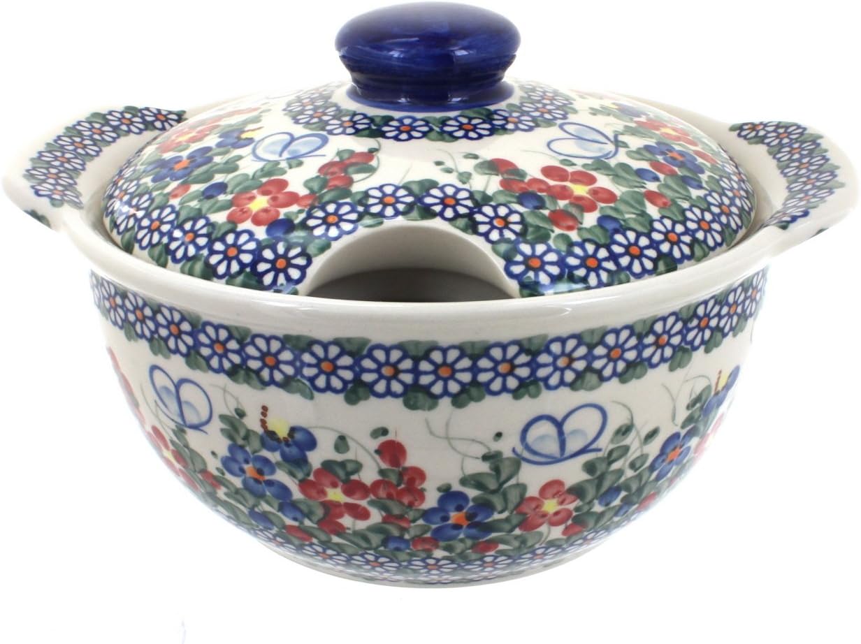 Blue Rose Polish Pottery - Red Garden Butterfly Soup Tureen - 8 Cup Capacity - Hand-Painted Polish Pottery Serving Bowl with Lid