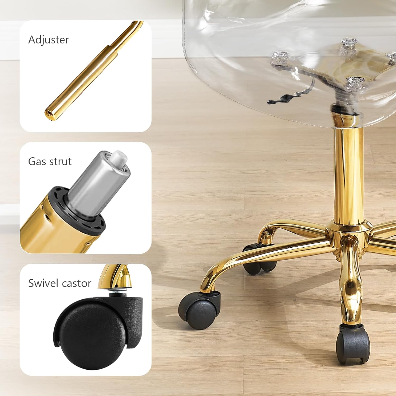 Clear Acrylic Chair, Armless Desk Chair with Adjustable Height, Swivel Vanity Task Chair with Wheels for Home,Office, Bedroom(Gold)
