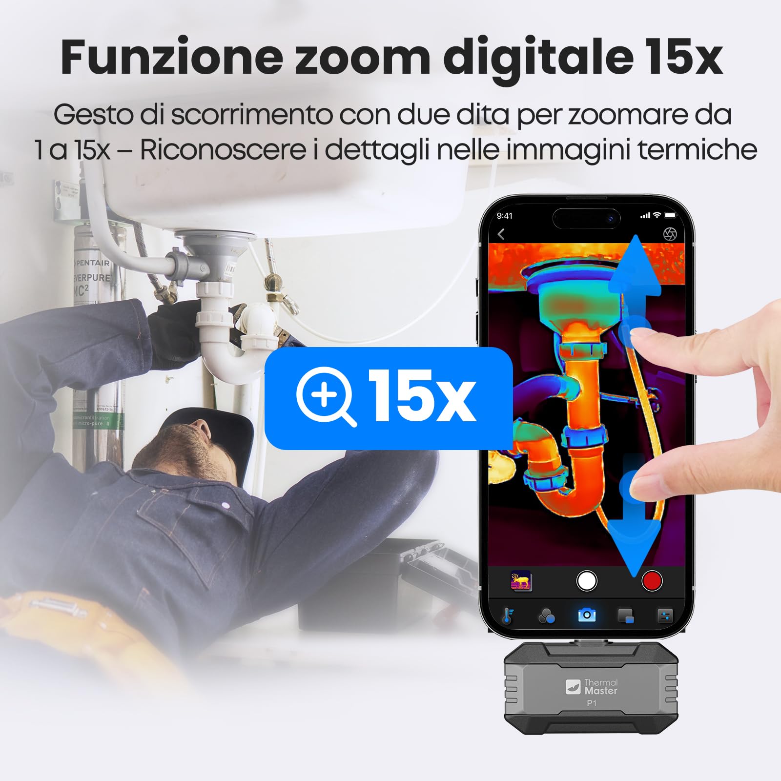 P1 Termocamera per Smartphone USB-C (Android & iOS), 320×240 X³ Super IR Risoluzione, -20°C a 600°C, 15x Zoom, 25Hz Infrarossi per Ispezione Casa & Elettricità