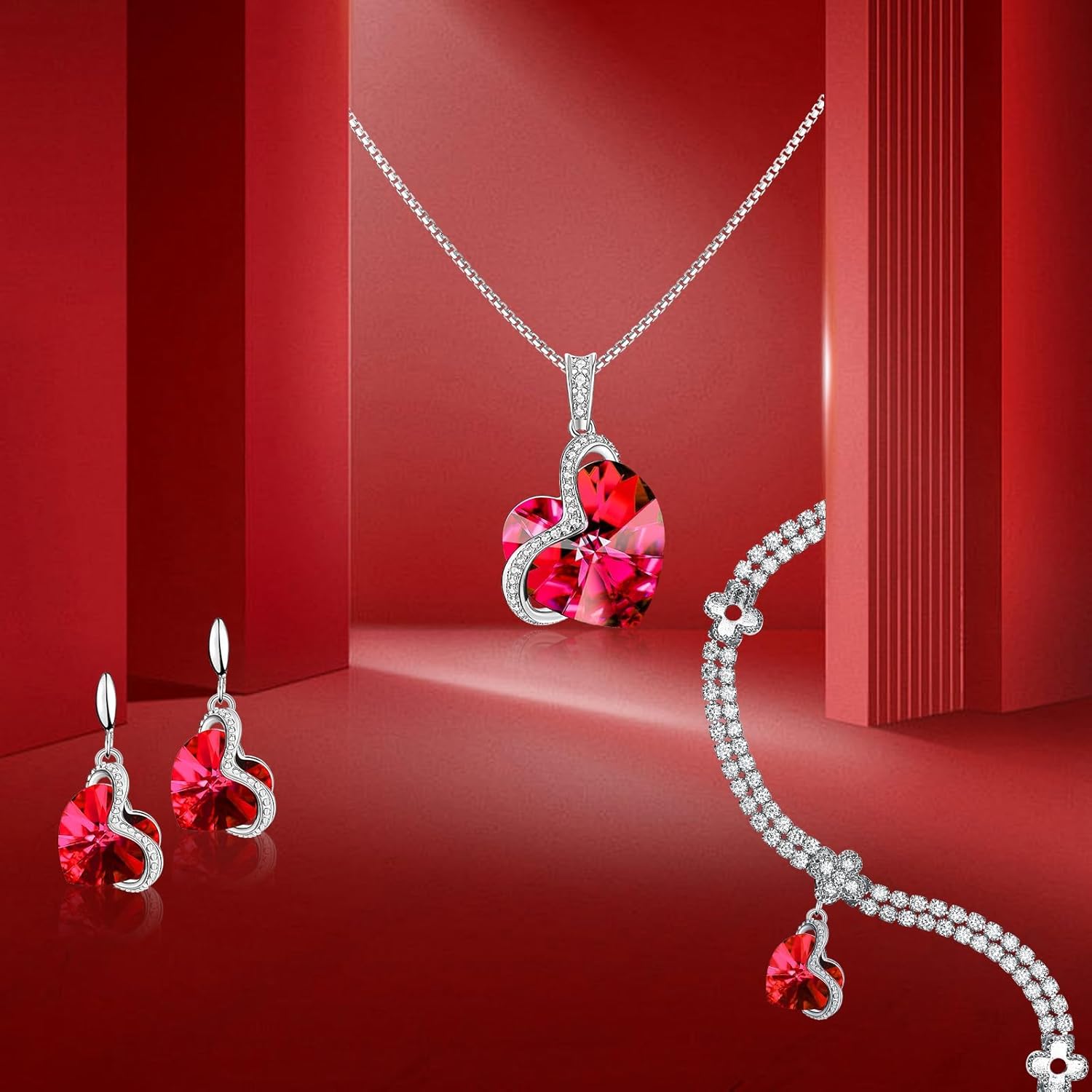 Blissful Heart Crystal Jewelry Sets For Women 18K White Gold Plated Bracelet Necklace and Earrings Sets for Wife Girlfriend or Mothers Idea Gift for Special Women in Life - Image 7