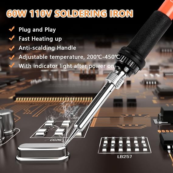 Soldering Iron, 60W 110V Adjustable Temperature Soldering Iron Pen, Portable Welding Tool, Fast Heating, for Electronic Repair, Jewelry, DIY