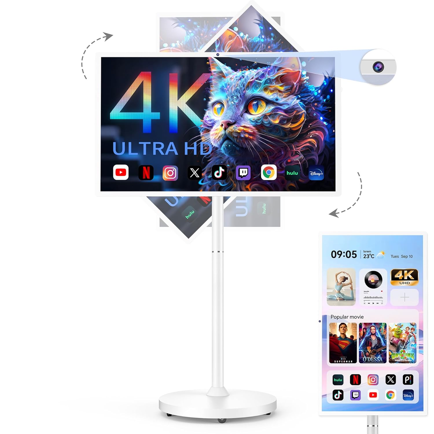 32 Inch UHD 4K Portable Smart TV on Wheels Qualcomm Snapdragon 710 CPU Built-in 8-10H Battery 8 128GB