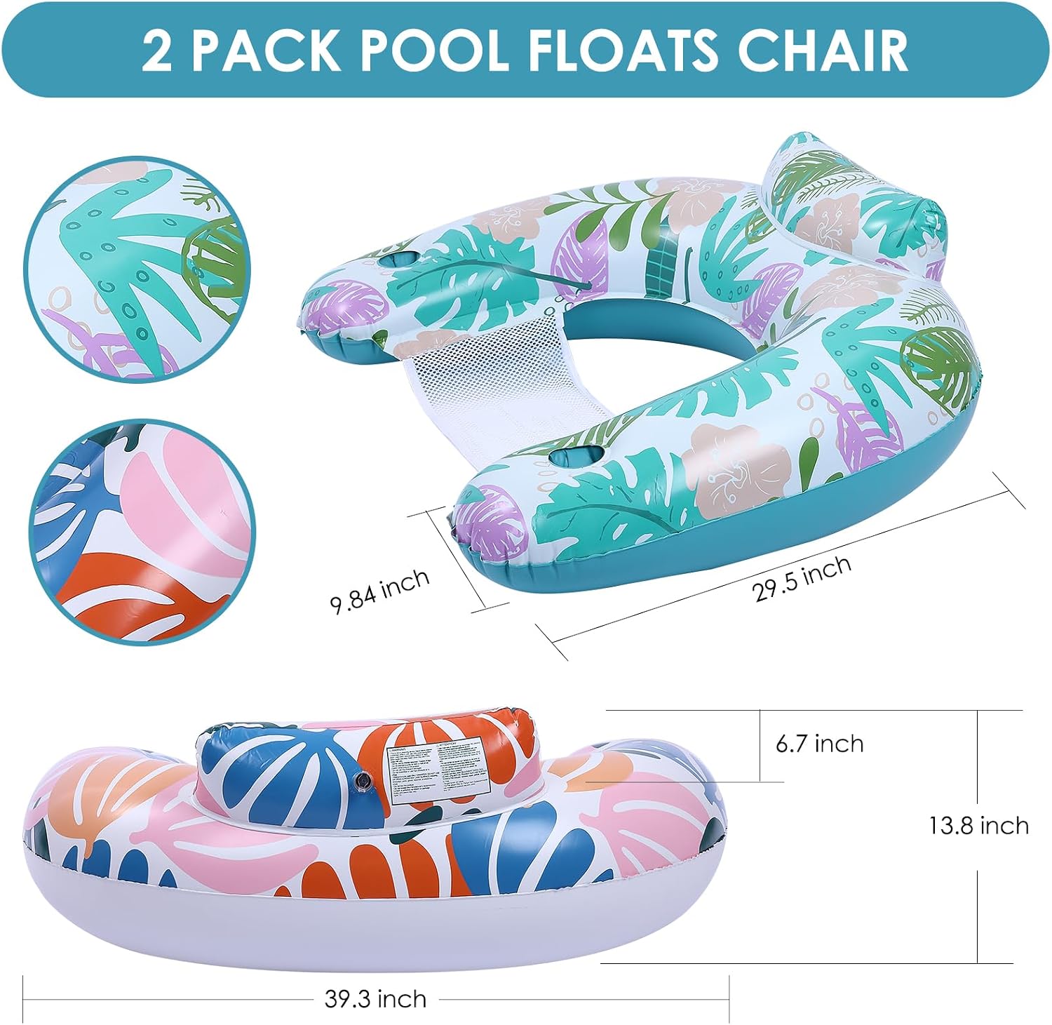 2 Pack Pool Float Adults, Inflatable Pool Float Chair with Cup Holder Lounge Hammock Toys, Blow up for Summer Water Fun Swimming Pool Lake Beach Party