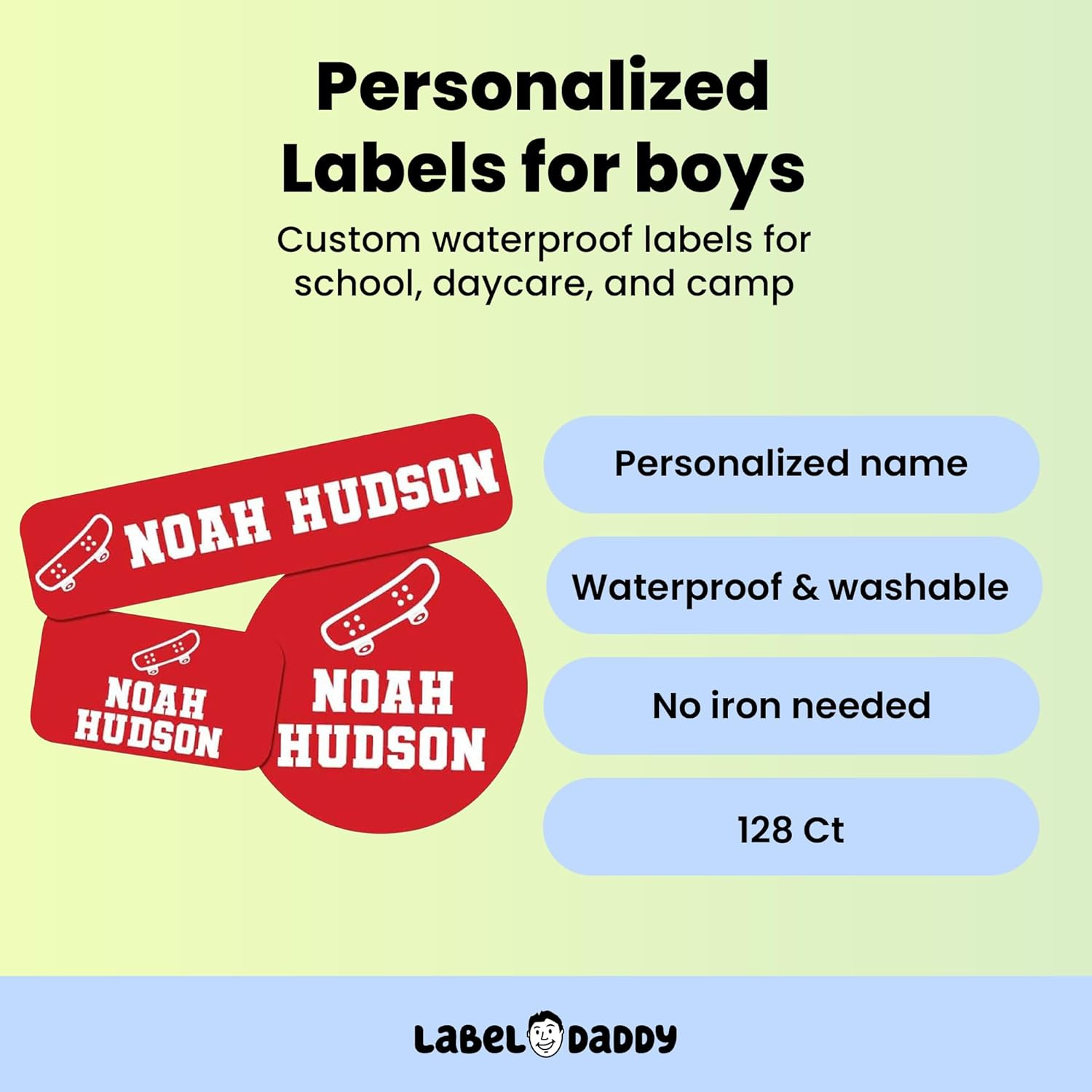 Label Daddy Personalized Name Labels Sports Theme - Waterproof, Durable & Safe for Kids Name Tags - for Shoes, Lunch Boxes, Jackets & More - Self-Adhesive, No Sew No Iron - 128 Ct - Skateboard Design