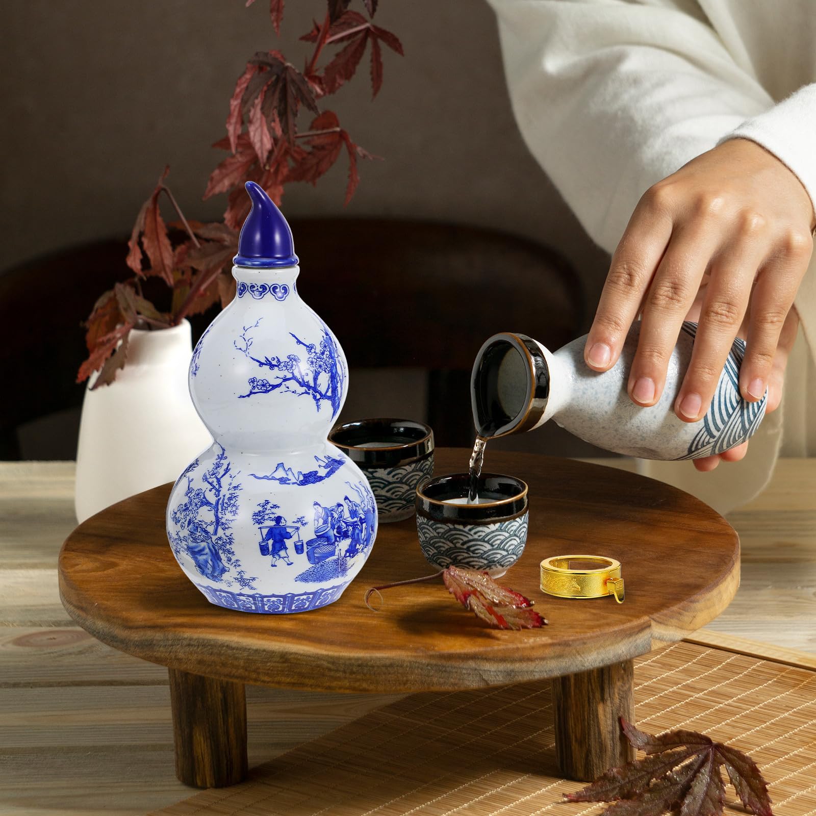 Bottiglia per Sakè in Ceramica Blu, Brocca a Zucca Vintage