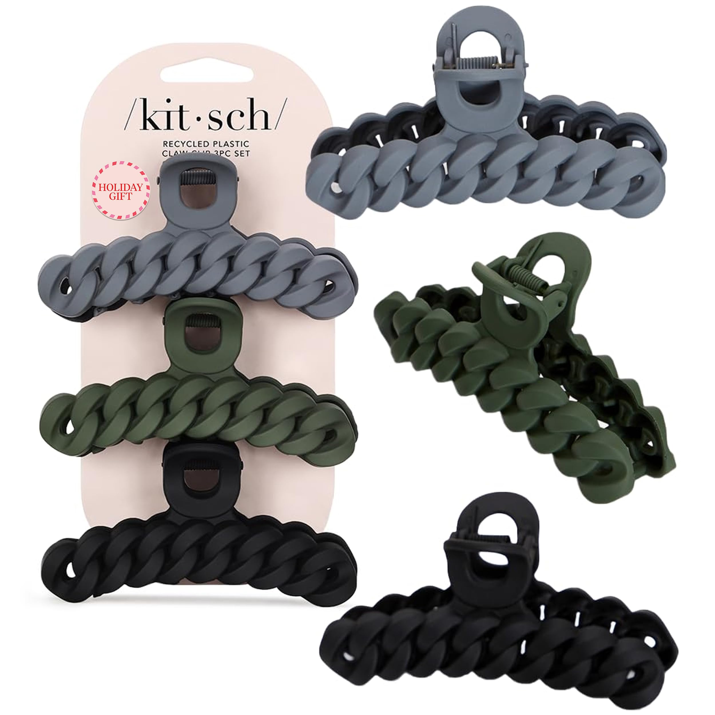 Kitsch Recycled Plastic Large Claw Clip, Big Chain Hair Clips for Women, Big Claw Clips for Thick Hair | Ideal Gifts for Women (3pc Set Black/Moss)