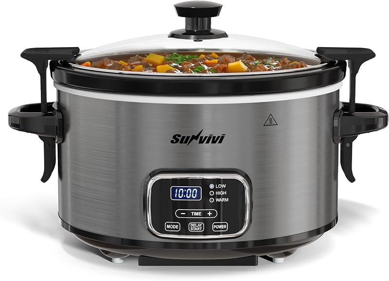 4QT Slow Cooker, Programmable Pot with Locking Lid, Removable Ceramic Pot, 3 Heating Settings & Time Control,Dishwasher-safe Lid, Grey