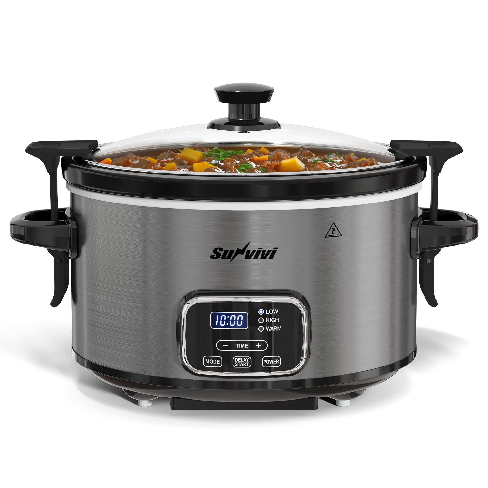 Sunvivi 4QT Slow Cooker, Programmable Pot with Locking Lid, Removable Ceramic Pot, 3 Heating Settings & Time Control,Dishwasher-safe Lid, Grey