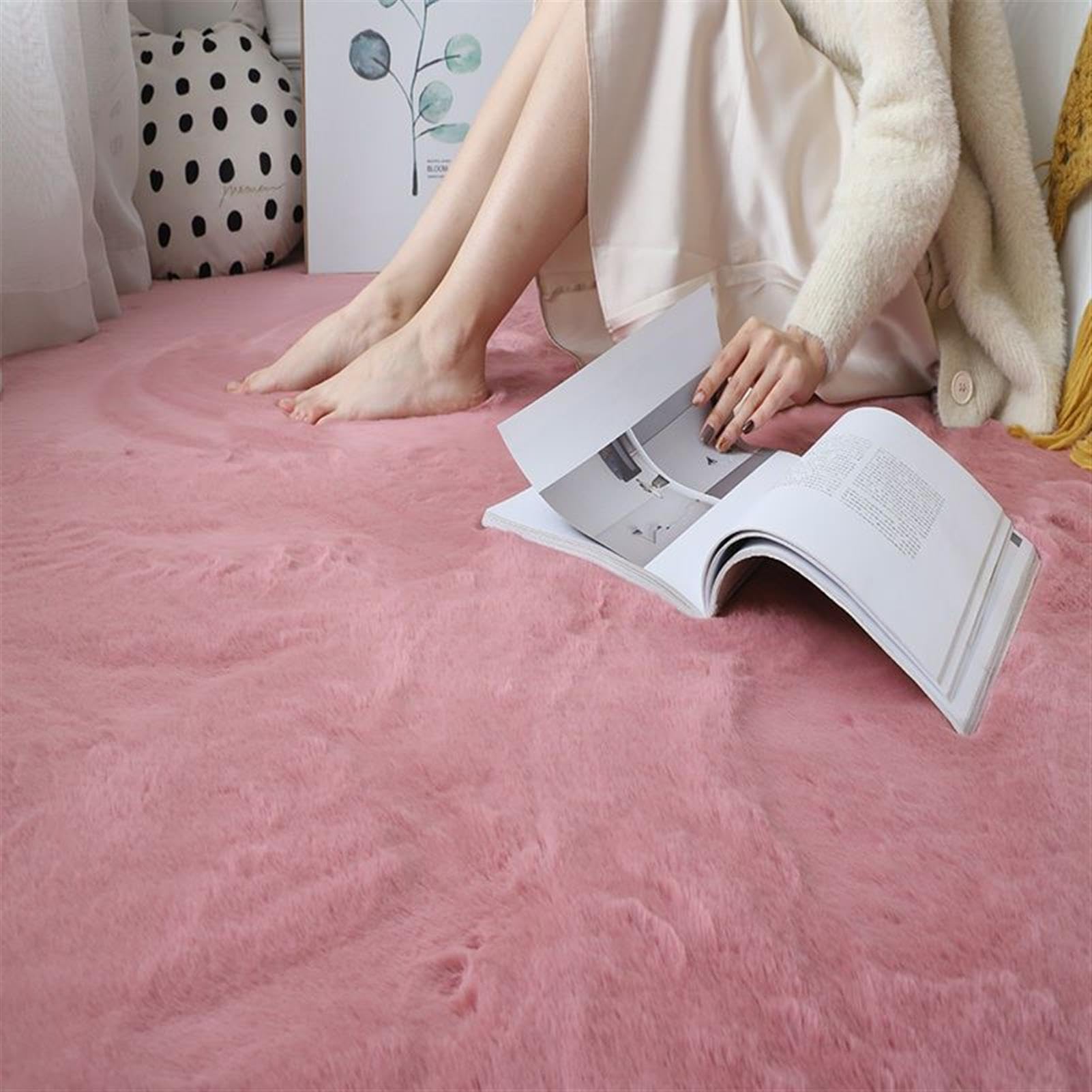 Tapis fausse fourrure rose 200x400 cm pour chambre fille style Ins