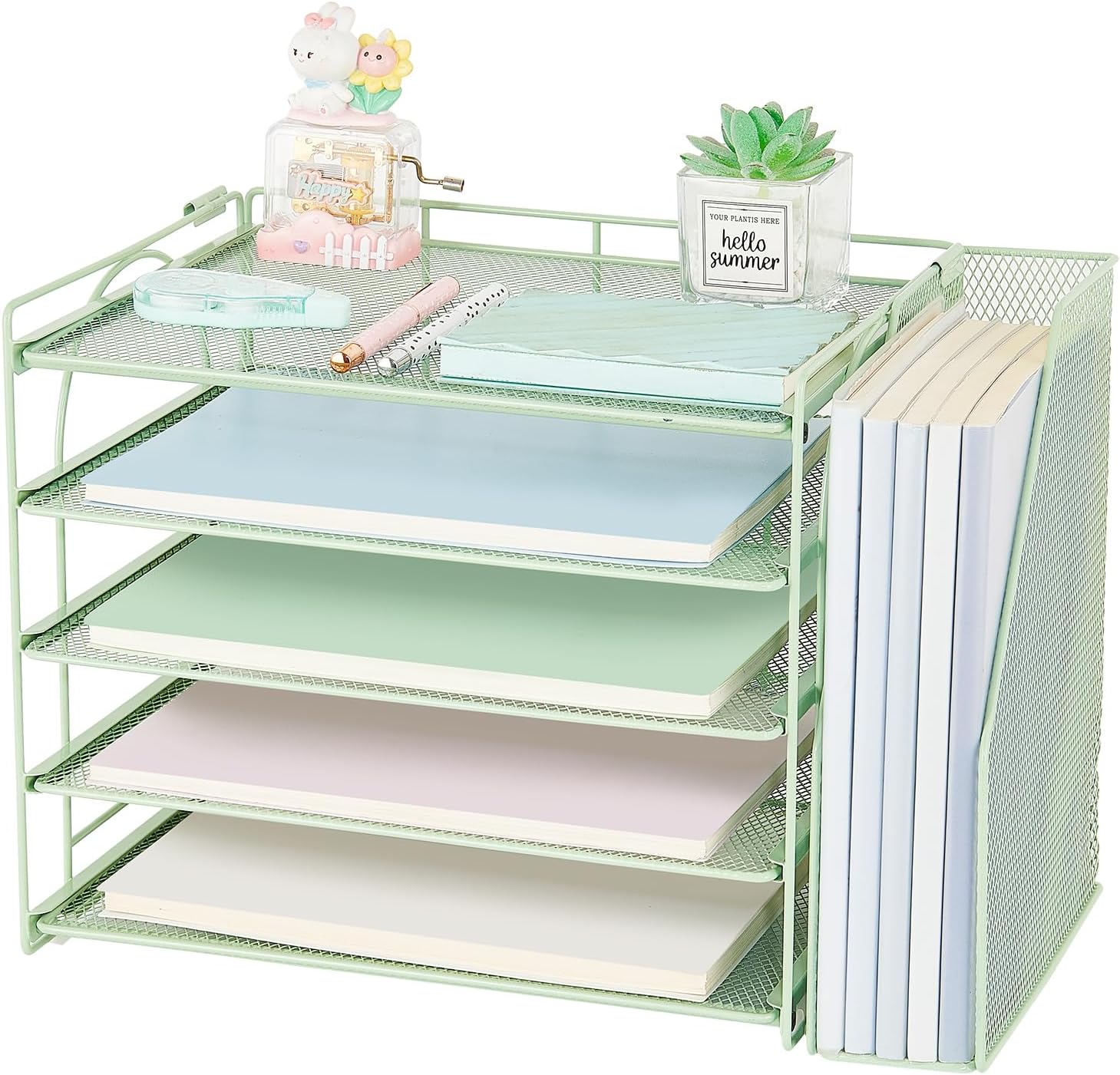 AUPSEN Green Desk Accessories Organizer,5-Tier Letter Tray Paper Organizer with Adjustable File Holder, Desktop Office Desk Accessories for Office Supplies