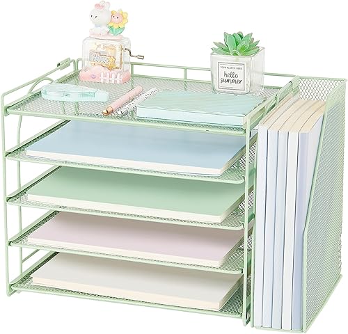 AUPSEN Organizador de accesorios de escritorio verde, organizador de papel con bandeja de letras de 5 niveles con soporte ajustable para archivos,