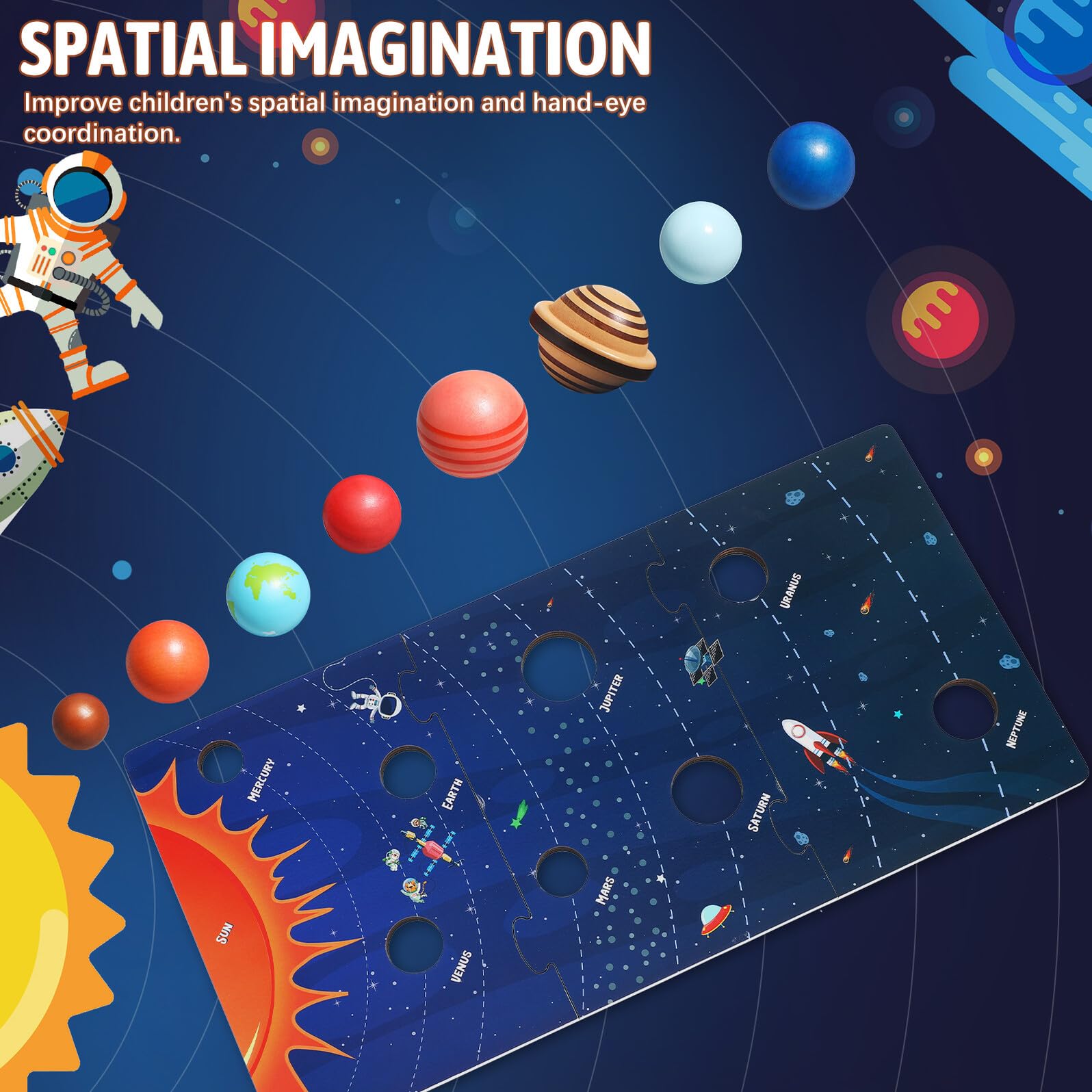 Puzzle Educativo Solare in Legno per Bambini 8 Pianeti, Facile da Conservare e Finemente Lavorato, per Apprendimento Scientifico e Gioco Didattico
