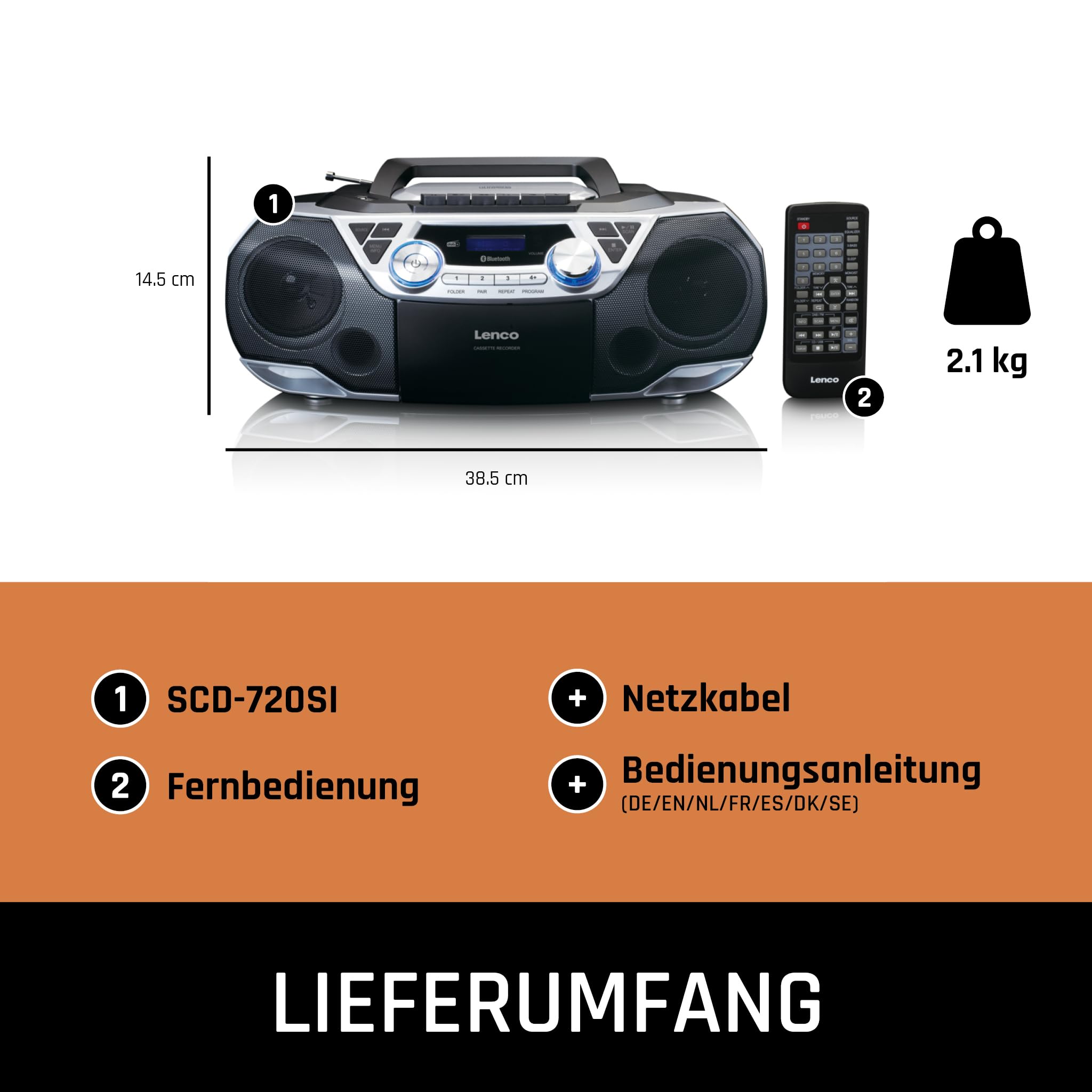 Lenco SCD-720SI - Radio CD Player - CD Player Kinder | SCD-720 - DAB+ - Bluetooth 5.0 - CD/MP3-Player - Kassettendeck - FM - USB - 2 x 6 Watt RMS
