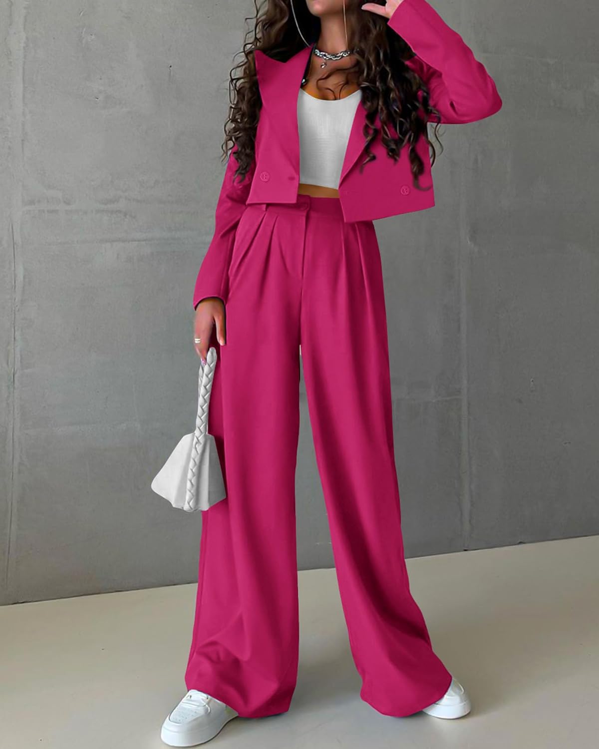 KIRUNDO Women's Two Piece Outfits Business Casual Cropped Blazer Jackets and Wide Leg Pants Suit Sets Work Clothes - (color: Rose Red, size: Small)